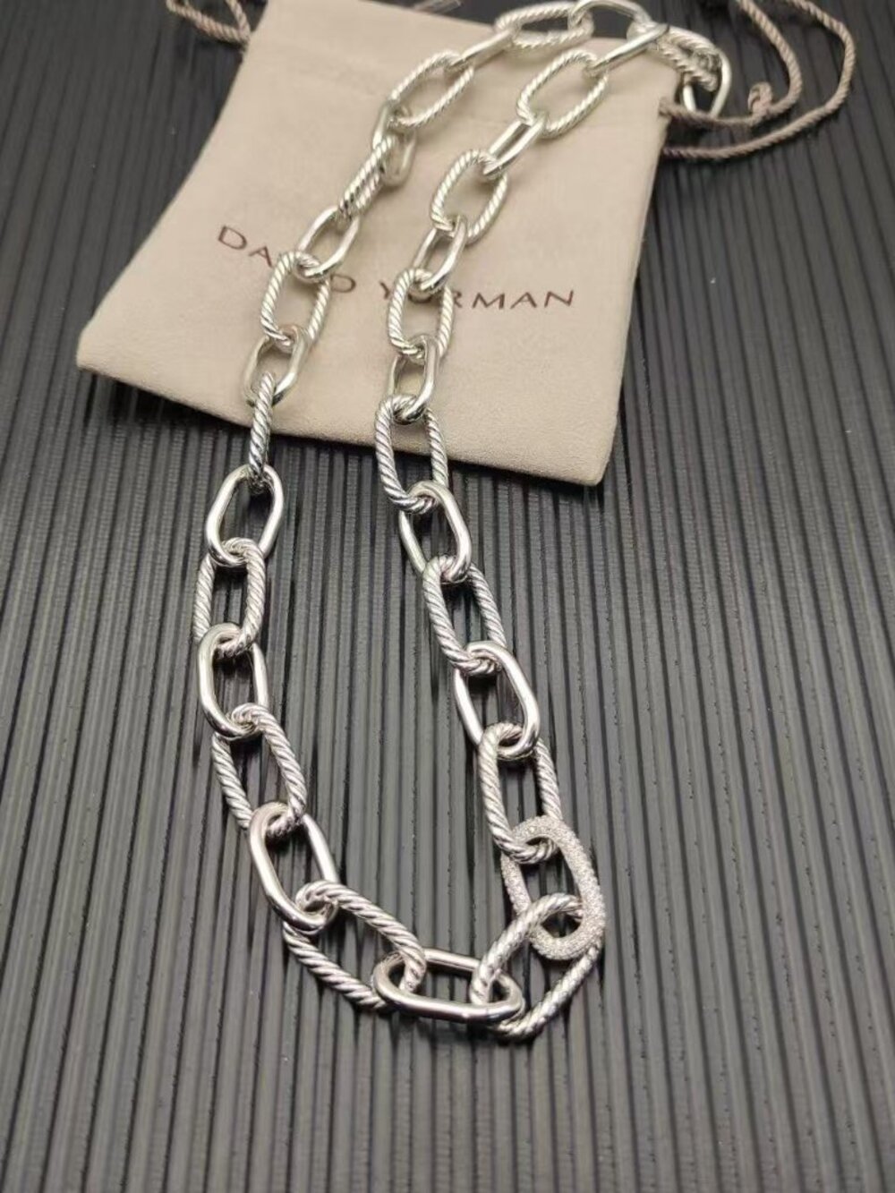 David Yurman Silver Mixed‑Texture Oval‑Link Chain Necklace
